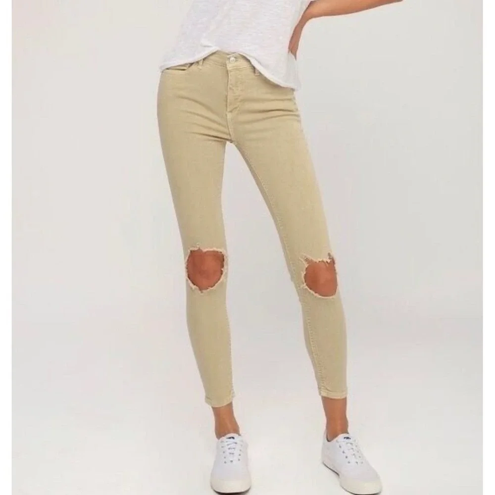 Free People Womens High Rise Busted Distressed Skinny Jeans Khaki‎ Tan size 27 - Picture 2 of 9